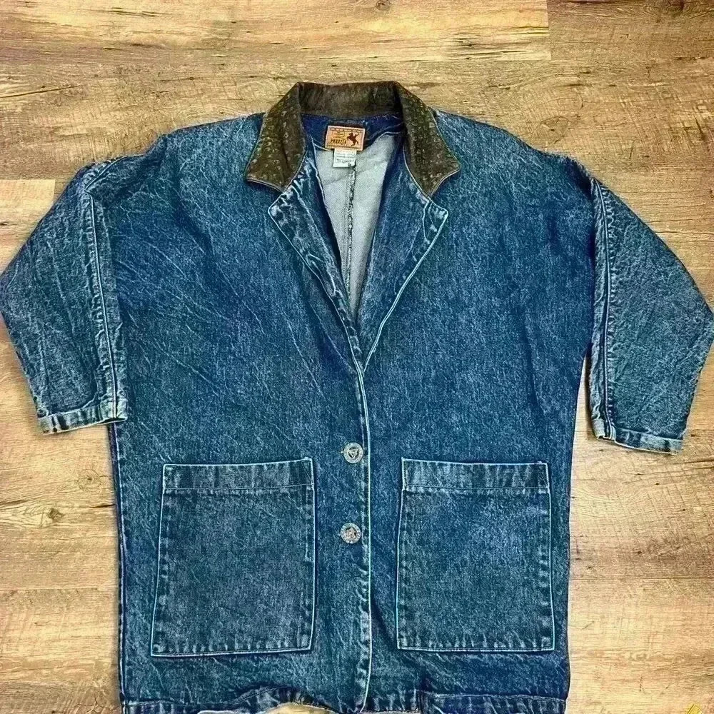 Vtg Prezzia Acid Wash Denim Jacket Size M  Leather Collar Half Sleeve Western